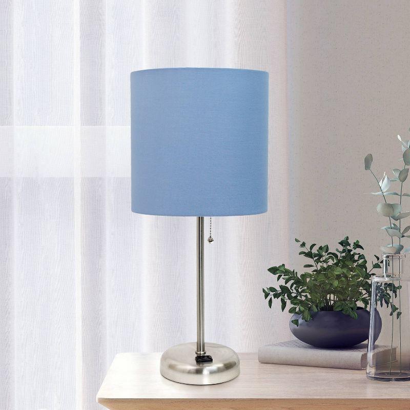 Creekwood Home 19.5" Bedside Power Outlet Base Metal Table Desk Lamp Brushed Steel with Fabric Shade Blue : ETL Listed, No Assembly Required