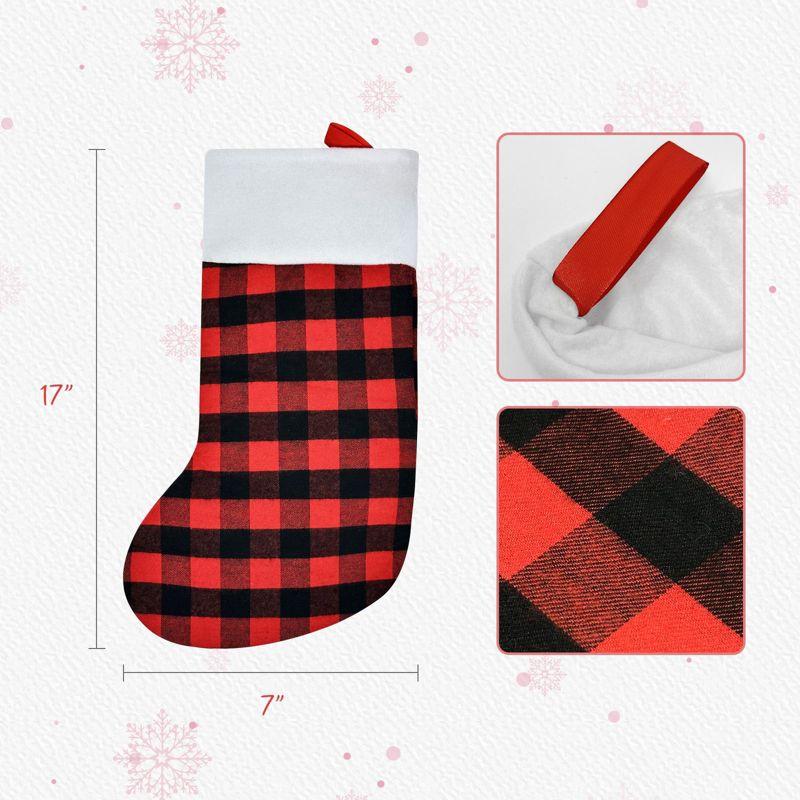 Set of 3 Red Buffalo Plaid Christmas Stockings with White Plush Cuff