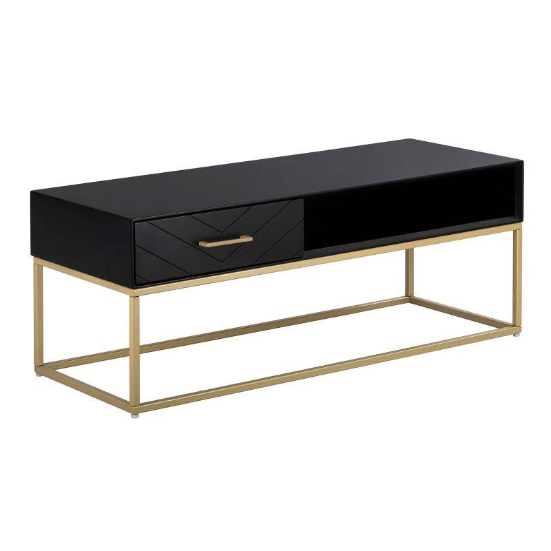 Tommy Hilfiger Ellias Modern TV Console Stand with 1 Drawer, Glossy Black Top, Golden Metal Frame