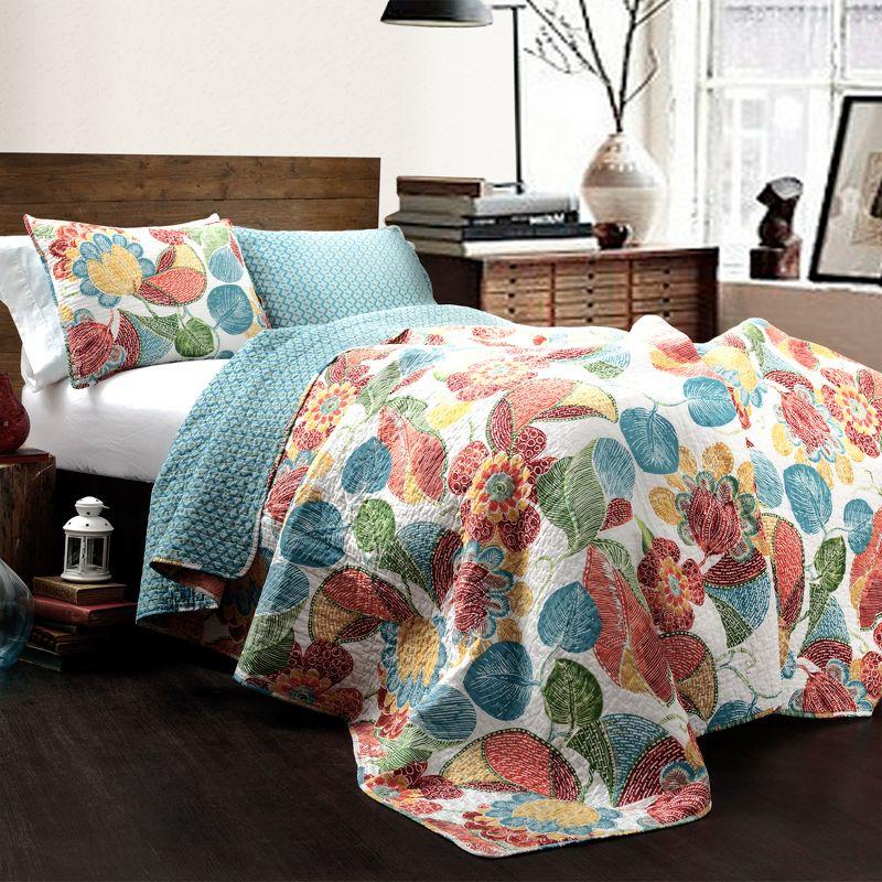 Sunrise Medley Orange & Blue Reversible Cotton Quilt Set - Full/Queen