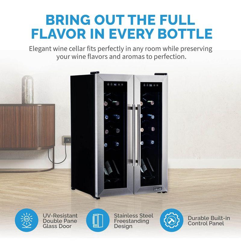 Newair 24 Bottle Wine Cooler Refrigerator, French Door Dual Temperature Zones, Freestanding Wine Fridge with Stainless Steel & Double-Layer Tempered G