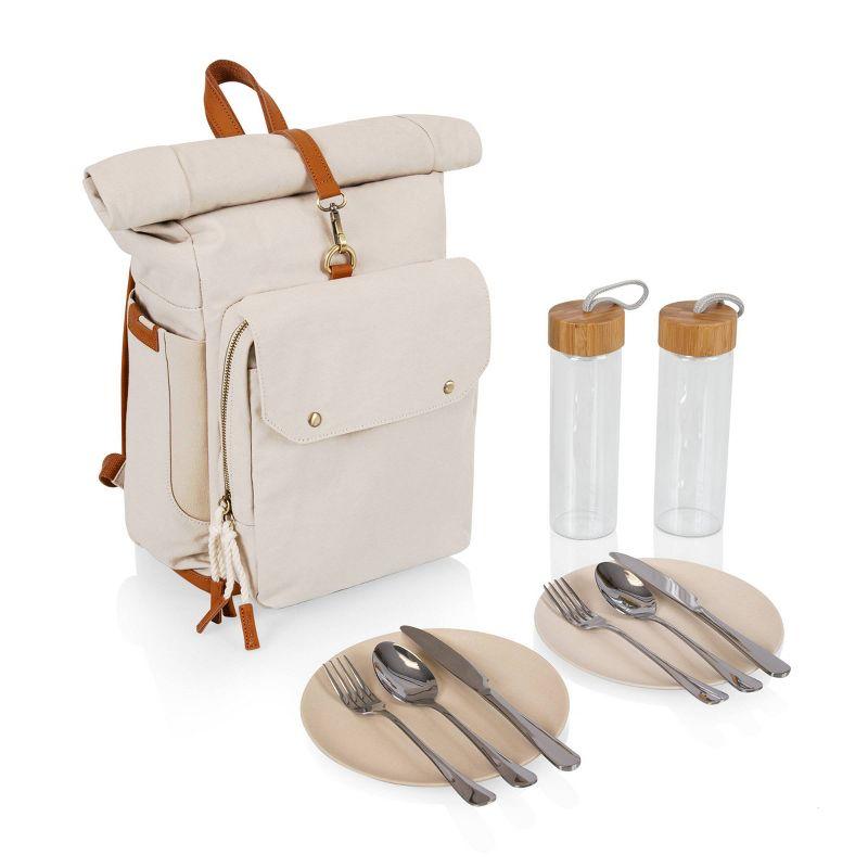 Tan Recycled Cotton Roll Top Picnic Backpack Cooler with Utensil Set