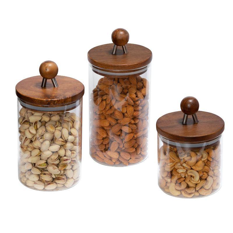 Clear Borosilicate Glass and Acacia Wood 3-Piece Food Jar Set