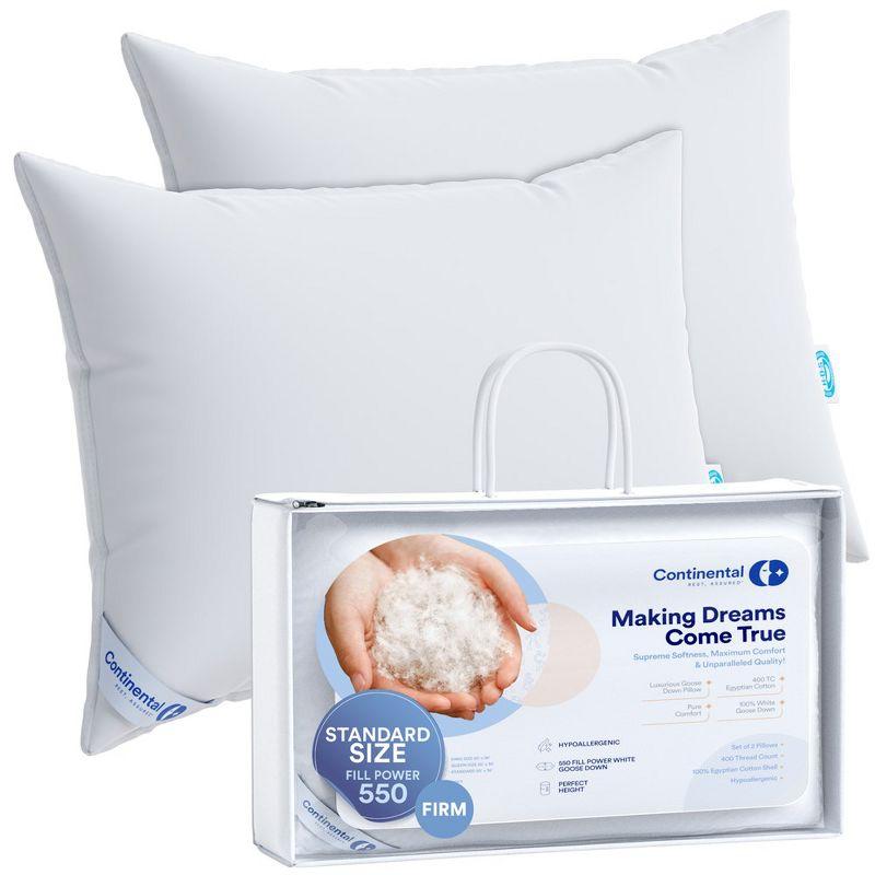 ContinentalBedding Continental Bedding 2-Pack Firm Down Pillows, 550FP, 75% Down 25% Feather, 400TC Cotton Cover (Set of 2)