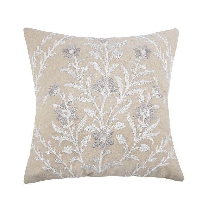 Natural Embroidered Floral Square Pillow 18x18