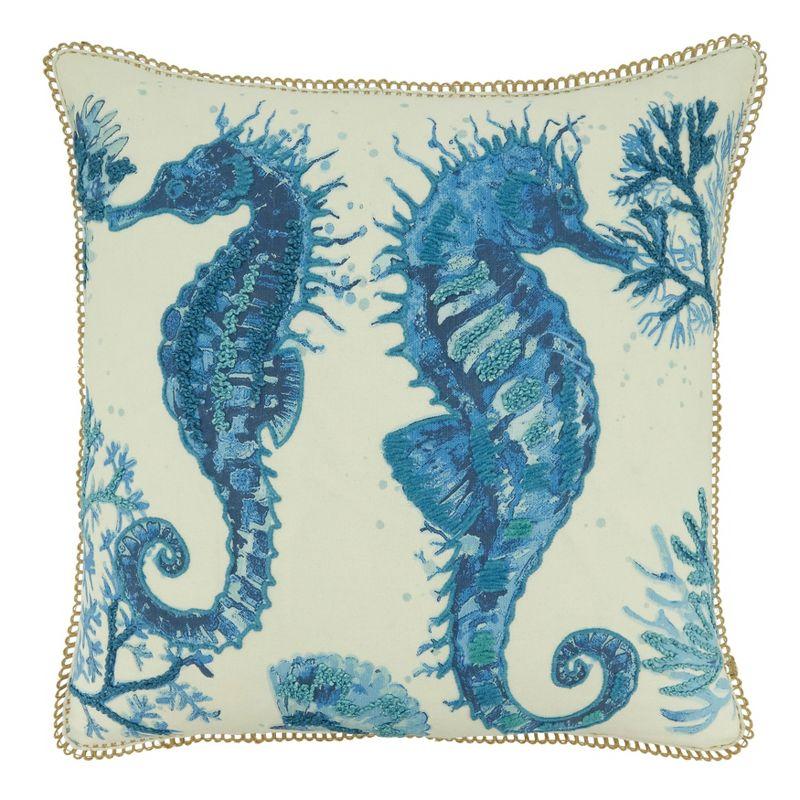 Navy Blue Cotton Sea Horse Design Throw Pillow Cover