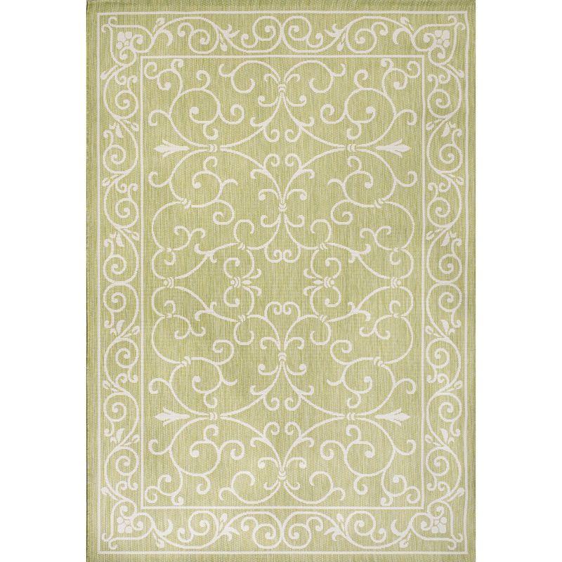 Boho-Chic Green and Cream Vintage Filigree 9' x 12' Indoor/Outdoor Rug