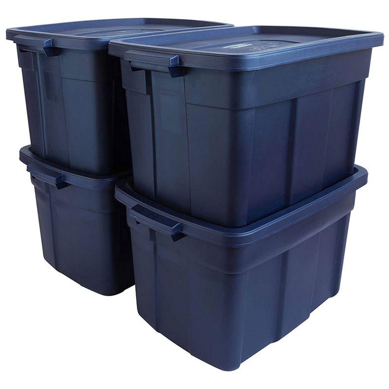 Rubbermaid Roughneck 25 Gallon Rugged Stackable Storage Container with Tight Lid for Indoor or Outdoor Home Organization, Dark Indigo Metallic, 4 Pack