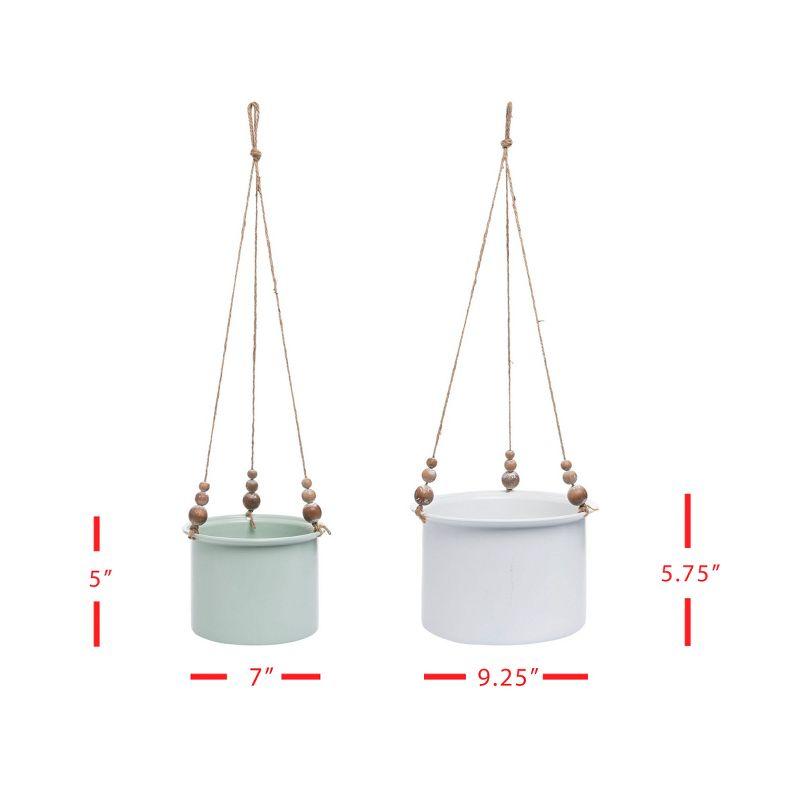 Set of 2 Metal Hanging Planters with Wood Bead Details Green/White - Foreside Home & Garden