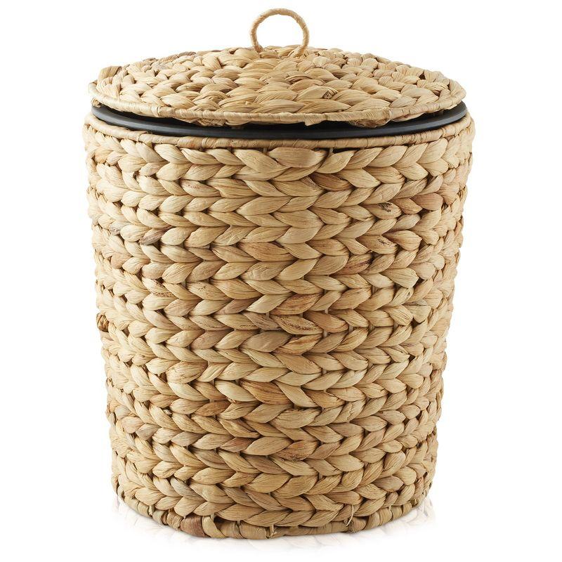 Water Hyacinth Waste Basket w Lid - Natural, Woven Bathroom Trash Can