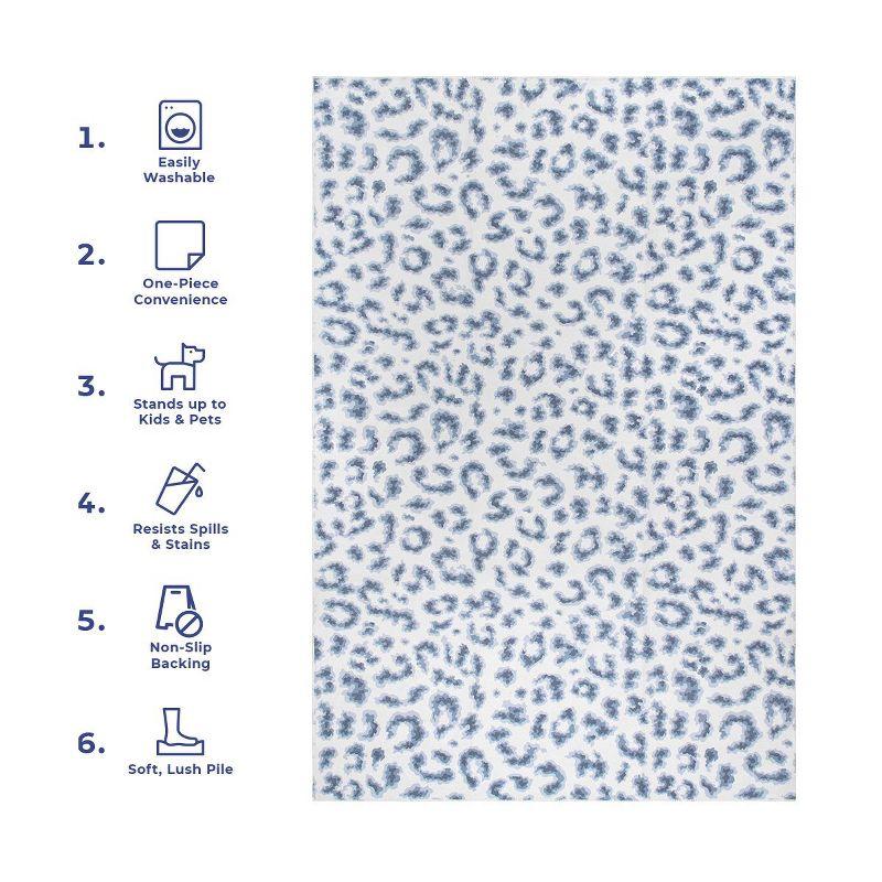 Blue Leopard Print Machine Washable Synthetic Area Rug