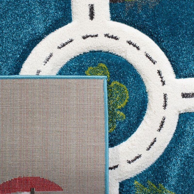 Turquoise and Ivory Kids' Square Play Rug with Train Track Design