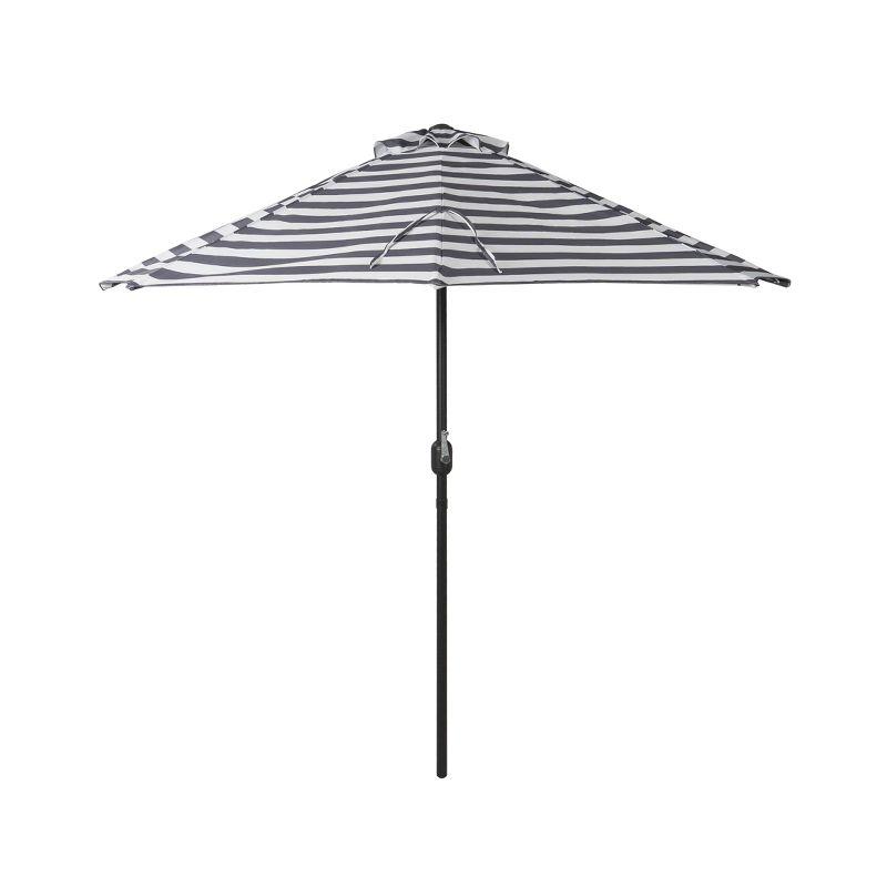 9 ft Black and White Striped Half Patio Umbrella with Crank Lift