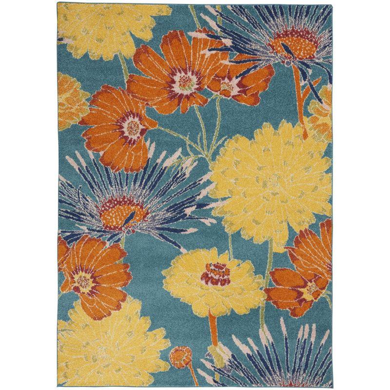 Turquoise Multicolor Floral Synthetic 4' x 6' Rectangular Rug