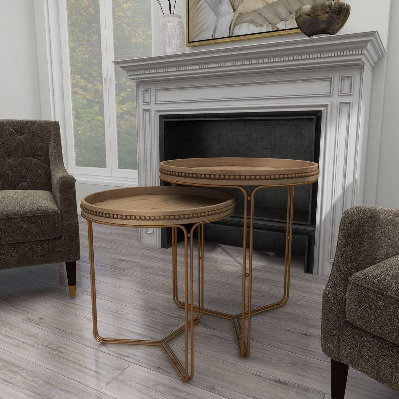 Round Light Brown Wood and Gold Metal Nesting Tables Set