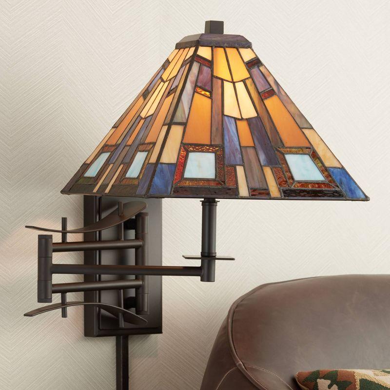 Robert Louis Tiffany Vintage Swing Arm Wall Lamp Plug-in Light Fixture Jewel Tone Stained Art Glass for Bedroom Bedside Living Room Reading Home House