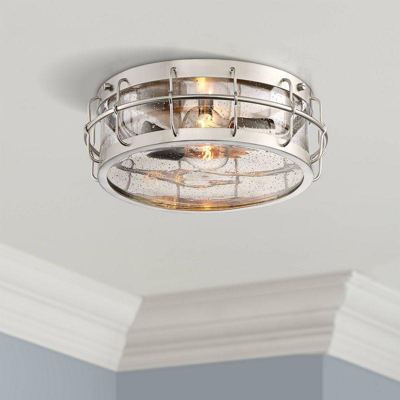 Possini Euro Design Aya Modern Industrial Ceiling Light Flush Mount Fixture 13 1/4" Wide Satin Nickel 2-Light Cage Clear Seeded Glass for Bedroom Home