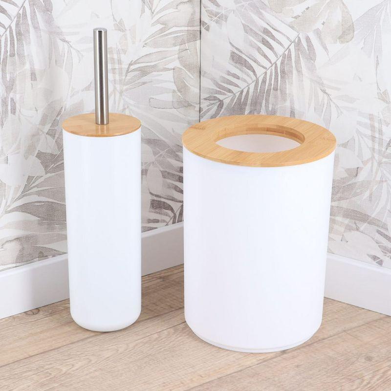 Evideco French Home Goods White Bathroom Trash Can Padang Bamboo Top 1.3 Gal - Stylish and Sustainable 5L Waste Solution