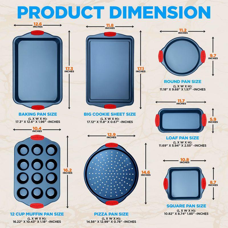 NutriChef Kitchen Oven Baking Pans - 8 Piece Deluxe Nonstick Blue Coating Inside & Outside Carbon Steel Bakeware Set With Red Silicone Handles