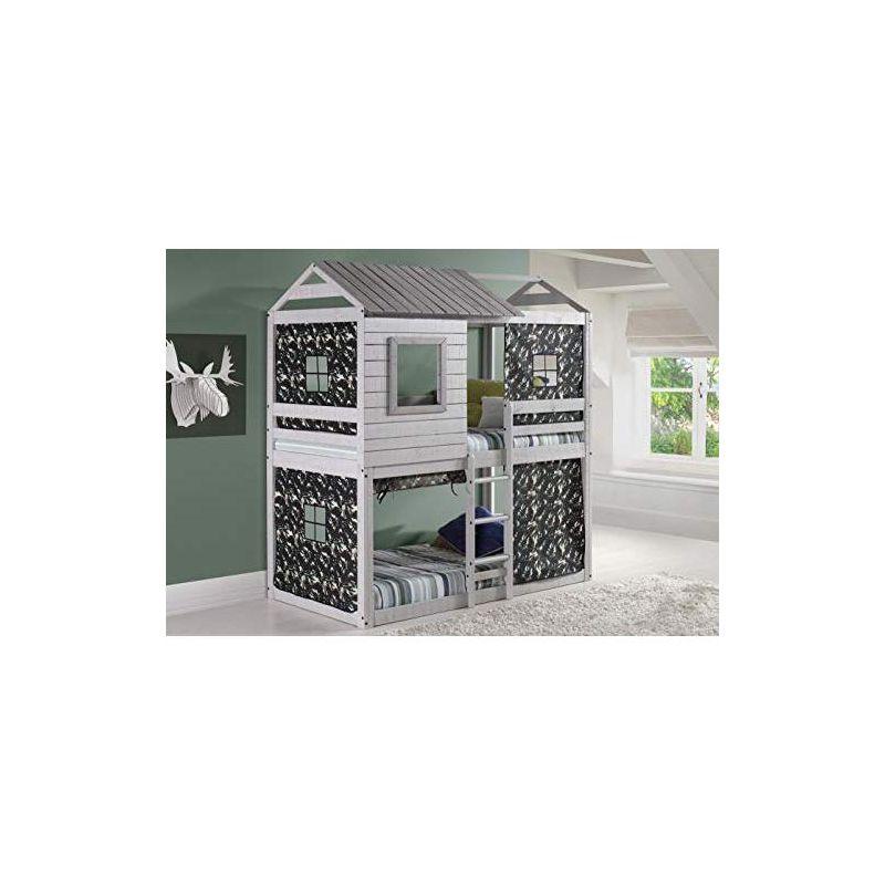 Donco Kids Deer Blind Cabin Twin Over Twin Rustic Grey Bunkbed with Green Camo Tent