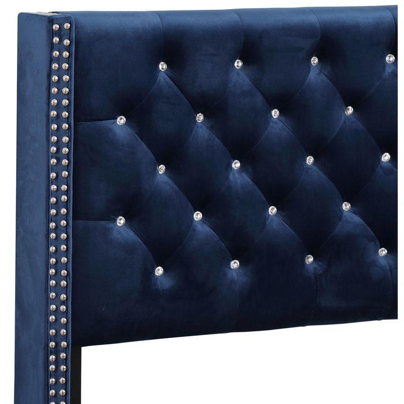 Elegant Blue Velvet Queen Bed with Tufted and Nailhead Details