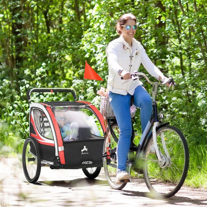 Aosom 3-in-1 Walk/Jog/Ride Child Baby Bike Trailer for Kids 2 Seater, Bike Stroller for Toddler Wagon, Double Bicycle Trailer Accessory for Kids, Red