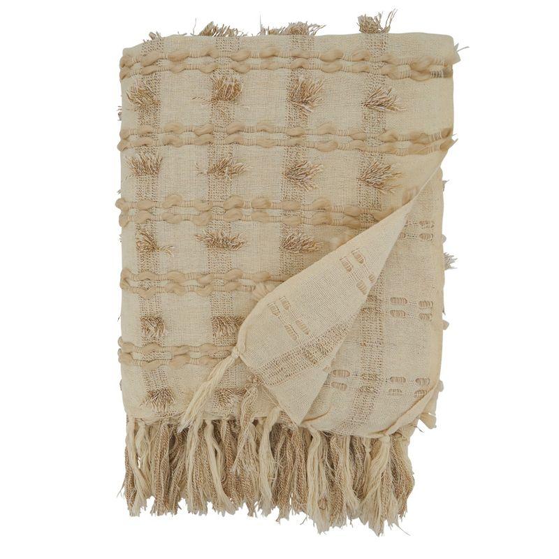 Beige Cotton Fringe Striped Throw Blanket