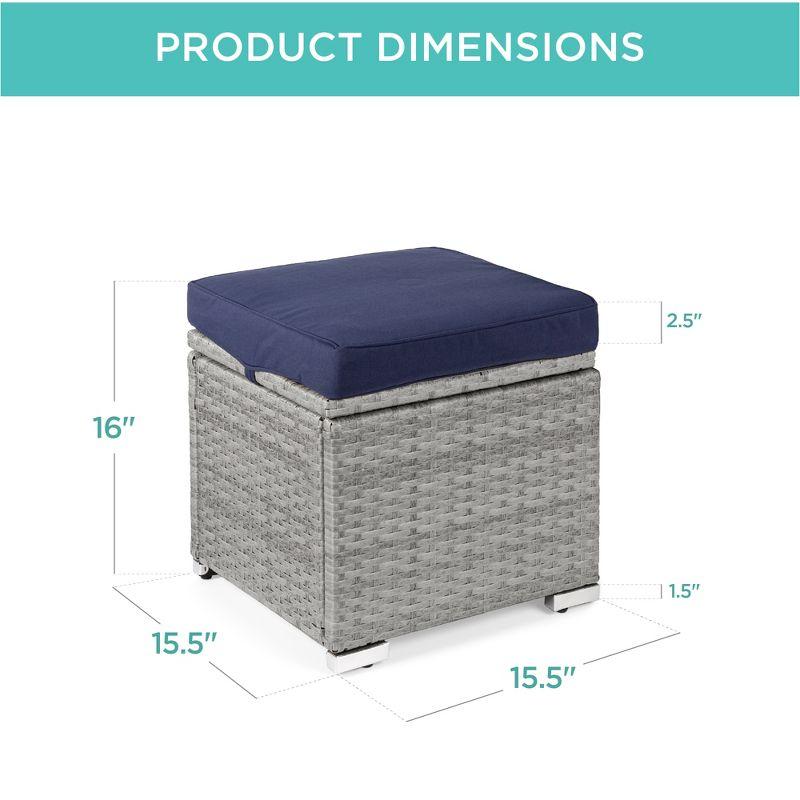 Gray and Navy Wicker Outdoor Ottomans with Cushions and Storage