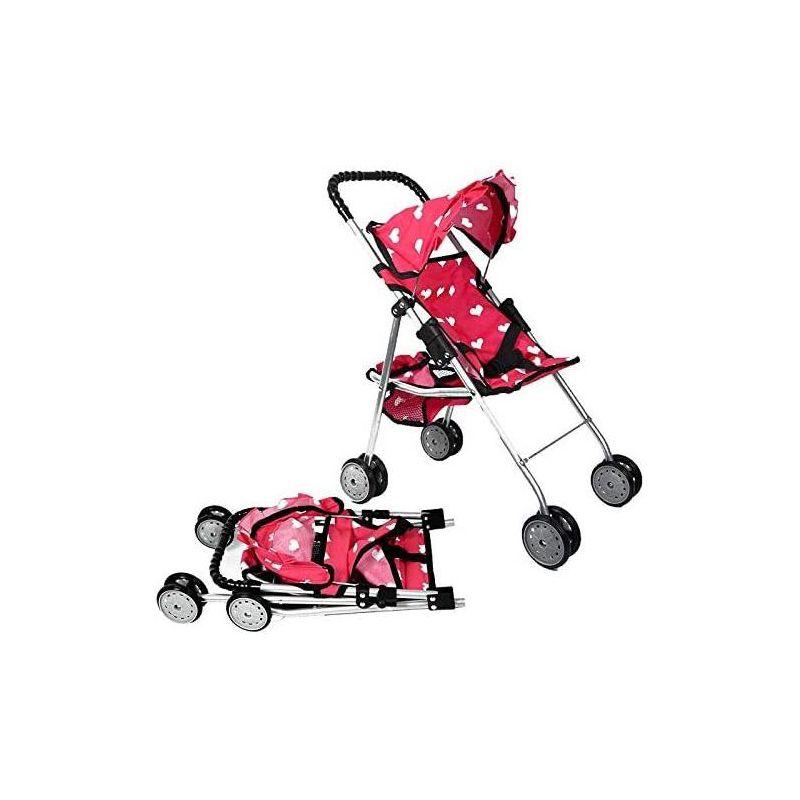 The New York Doll Collection Baby Doll Stroller - My First Toy Stroller for Kids Age 1+ Pink Heart Design