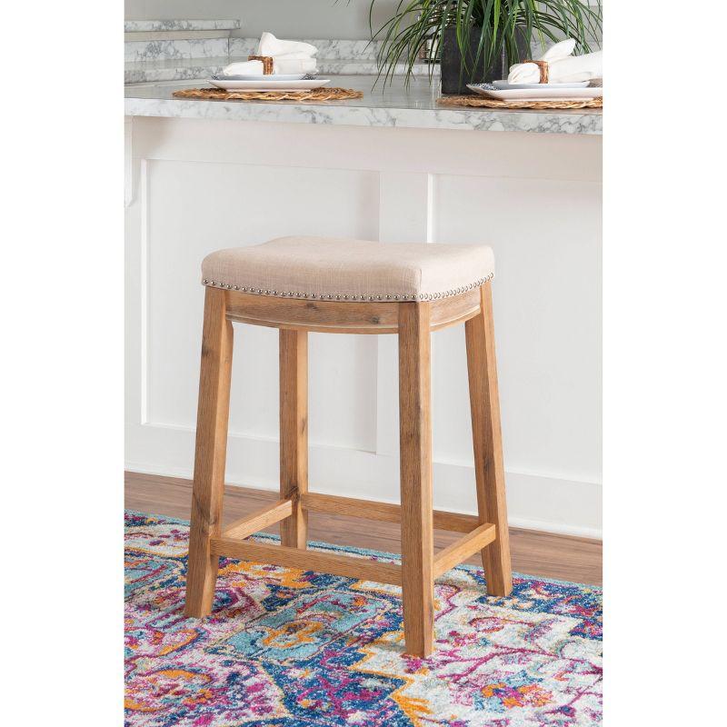 Claridge Backless Nailhead Saddle Acacia Counter Height Barstool Natural - Linon: Chic Beige Linen Seat, Rubberwood