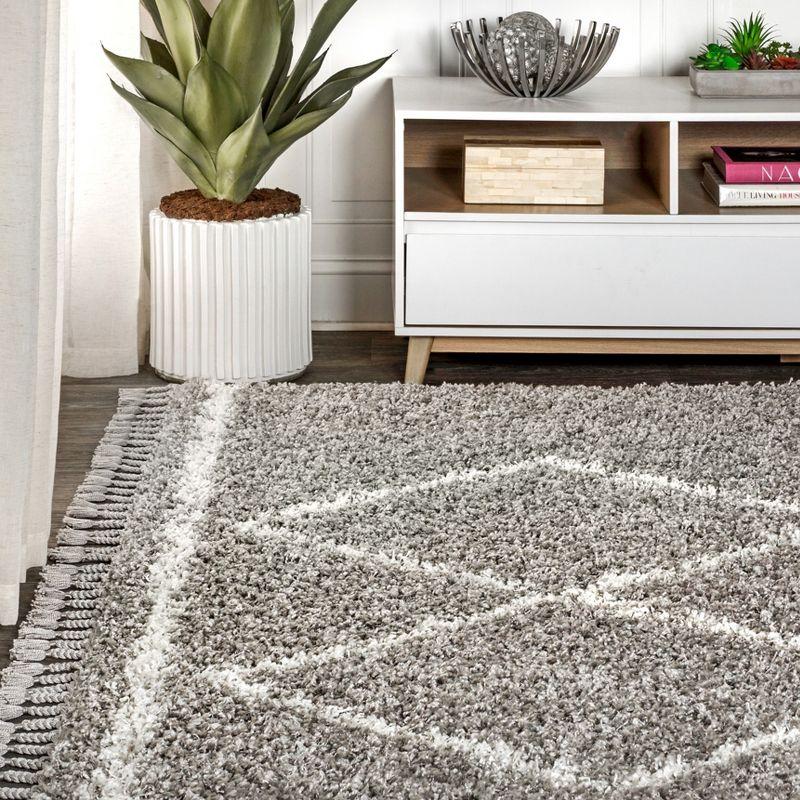 5'x8' Mercer Shag Plush Tassel Moroccan Geometric Trellis Area Rug, Grey/Cream - JONATHAN Y