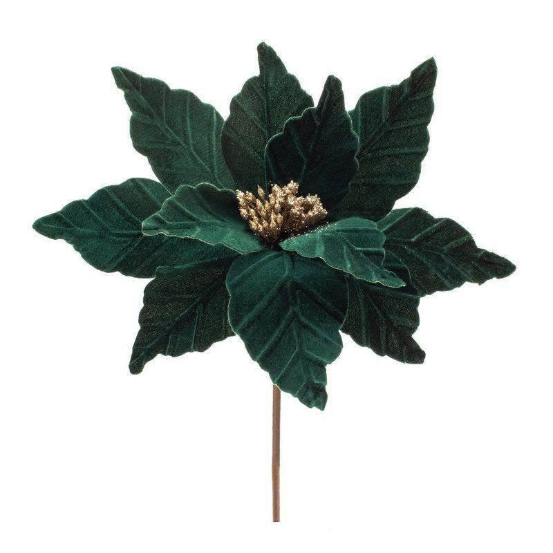 Green and Gold Faux Velvet Poinsettia Stems Set of 6