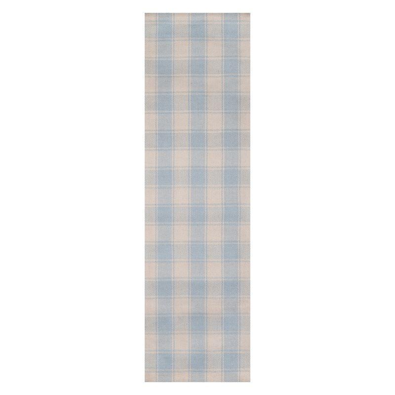 Plaid Hand-Woven Flatweave Wool Light Blue Area Rug