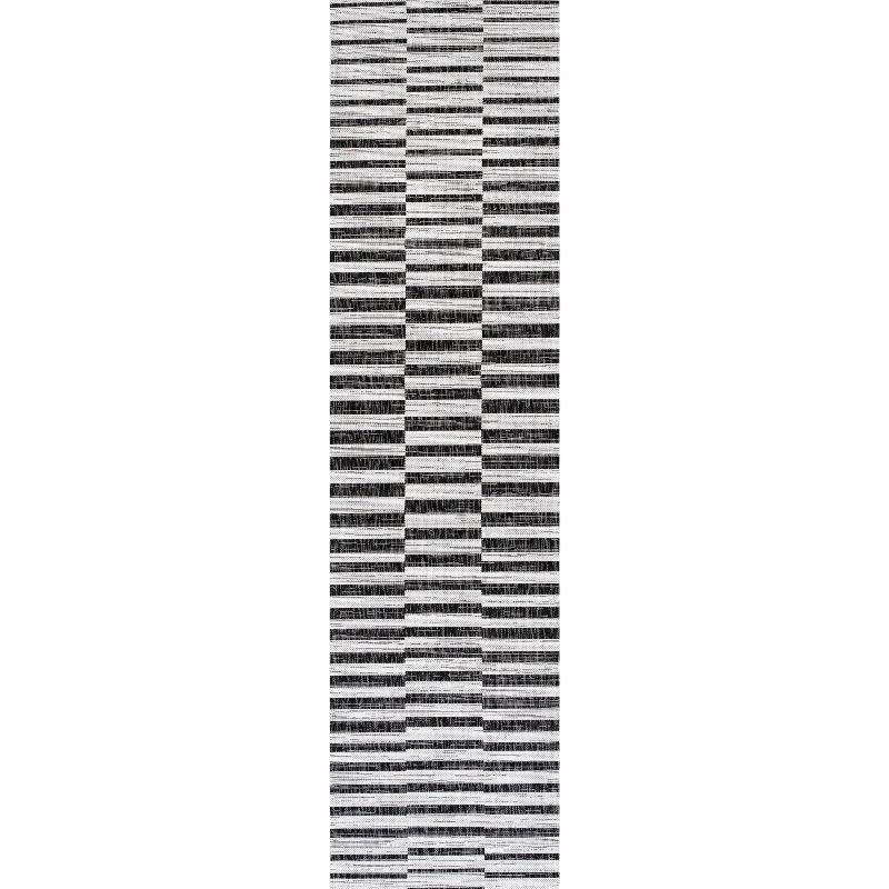 2'x10' Sukie Modern Offset Stripe Indoor/Outdoor Runner Rug, Ivory/Black - JONATHAN Y