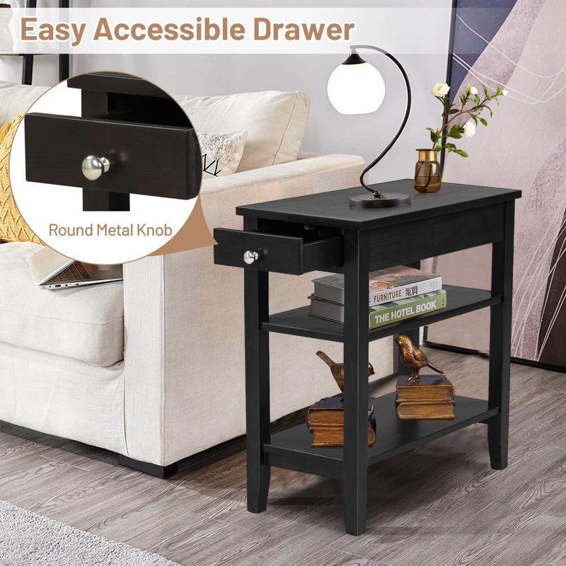 Tangkula End Table Sofa Side Table with Drawer Double Shelf Narrow Nightstand for Living Room & Bedroom Brown/Black