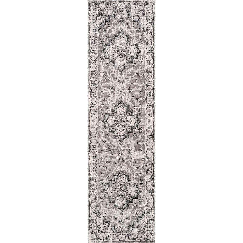 Ivory and Grey Geometric Synthetic 2x8 Area Rug