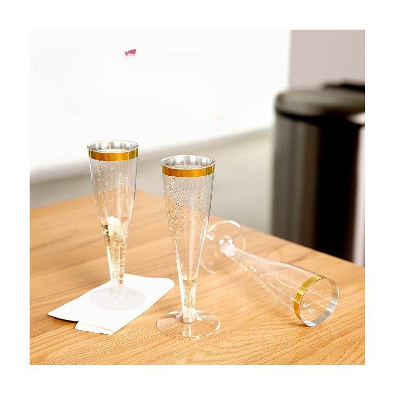 Prestee 24 Champagne Flutes Disposable, Gold Rim Glitter Plastic Cups