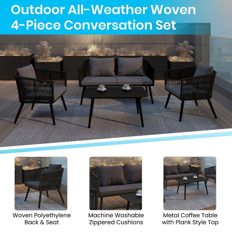 Flash Furniture Kierra Black All-Weather 4-Piece Woven Conversation Set with Gray Zippered Removable Cushions & Metal Coffee Table