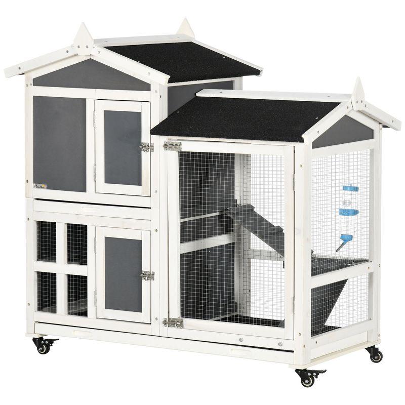 PawHut 43" Indoor Rabbit Hutch with an Extra Hideout, Bunny Rabbit Cage Playpen with Space-Saving Design, Bunny Hutch with Removable Tray, Gray