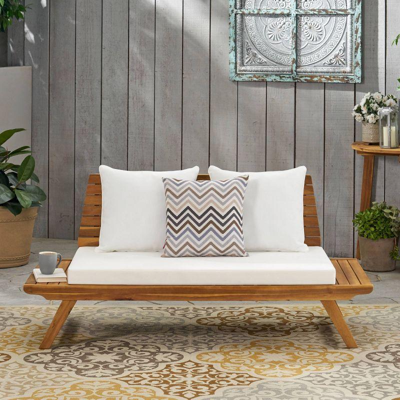 Sedona Teak Finish 68.5'' Acacia Wood Outdoor Loveseat with White Cushions