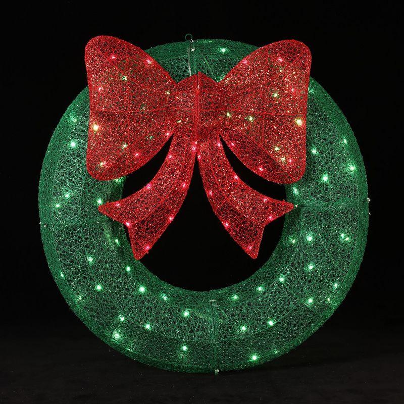 LuxenHome 3Ft Round Lighted Green Wreath with Red Bow Outdoor Holiday Decoration