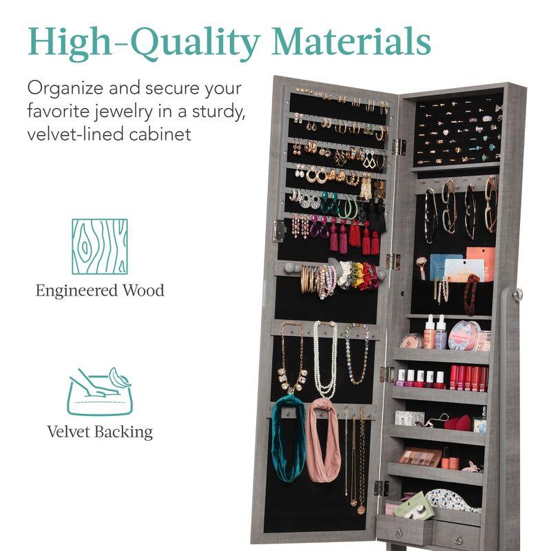 Best Choice Products Jewelry Armoire Cabinet, Full Length Mirror w/ Velvet Storage Interior, Lock - Gray Oak