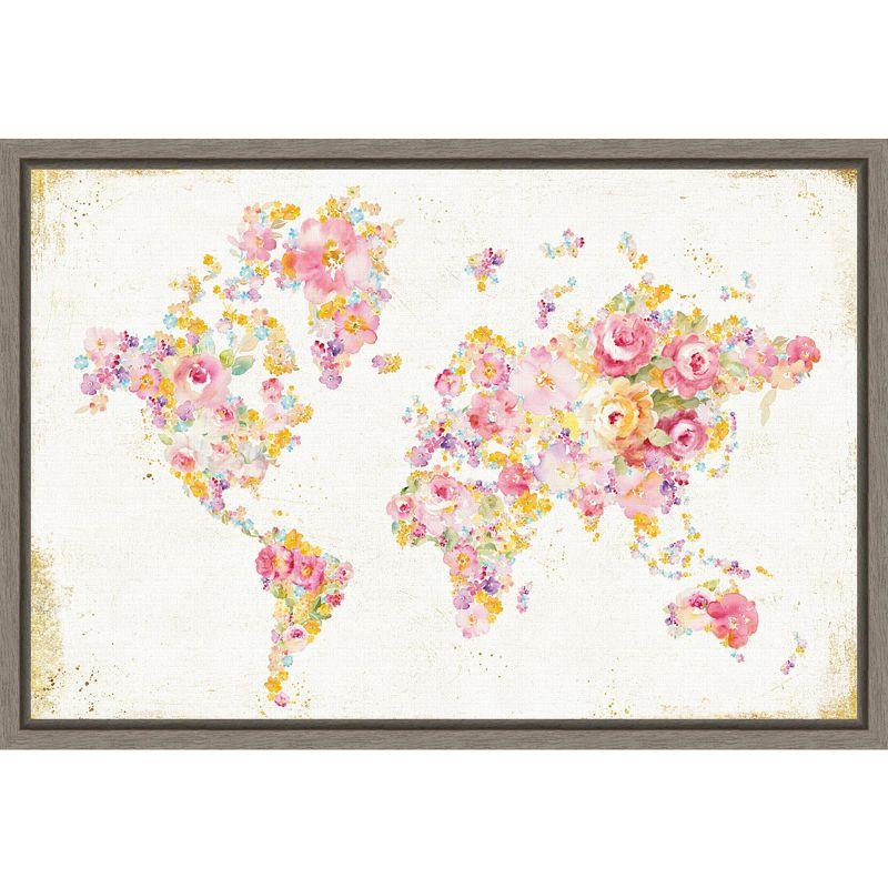 Floral World Map Canvas Print with Gray Polystyrene Frame