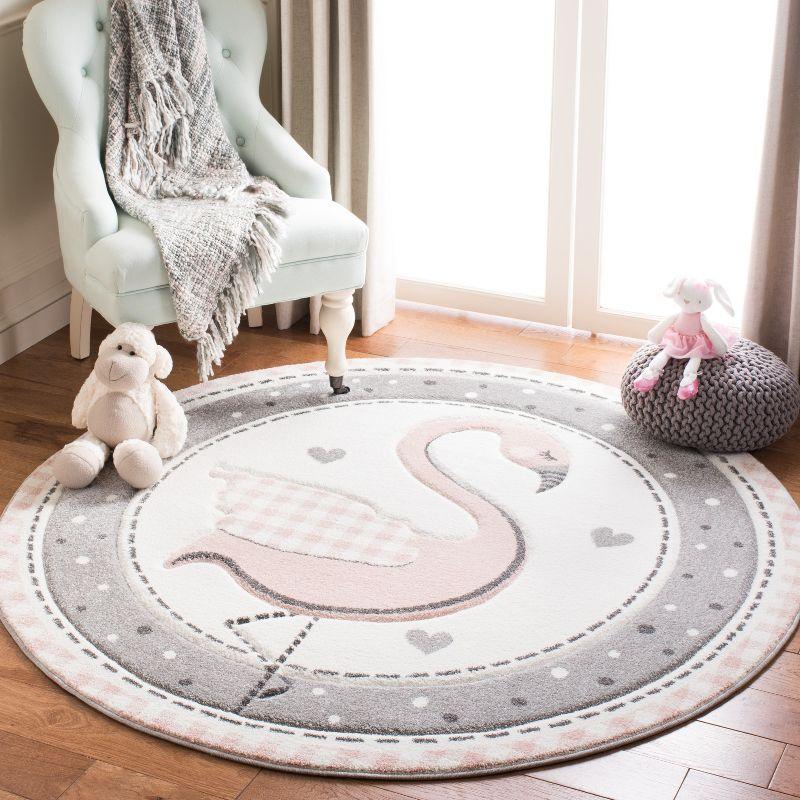 Ivory and Pink Round Hand-knotted Kids Rug, 5'3"