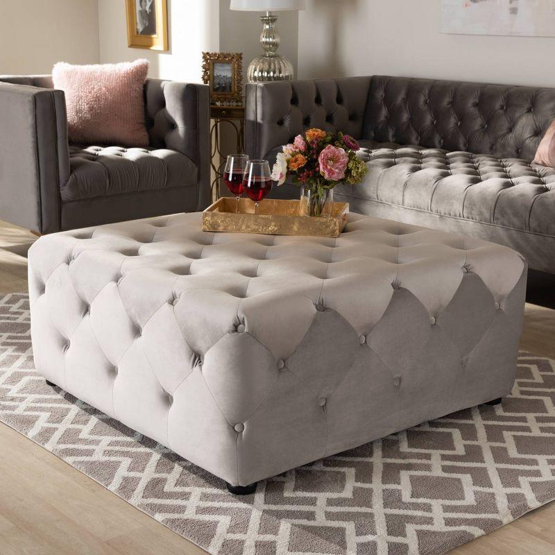 Slate Gray Velvet Button Tufted Cocktail Ottoman