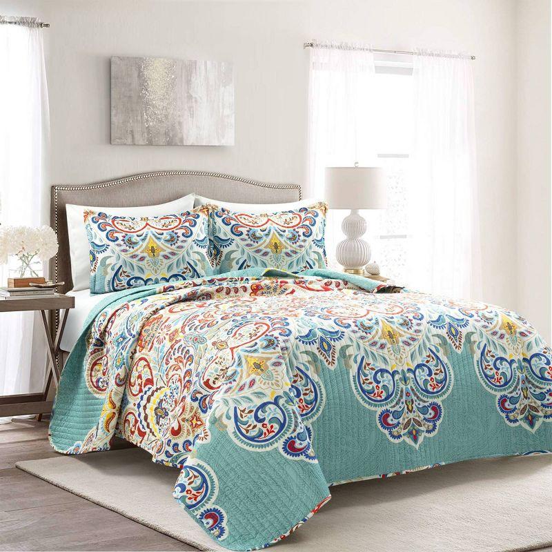 Boho Chic Reversible Oversized Cotton Quilt Seafoam/Red 3Pc Set Full/Queen