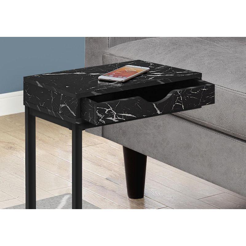 Monarch Specialties Accent Table C-Shaped End Side Snack Storage Drawer Living Room Bedroom Metal Laminate Black Marble Look Contemporary Modern