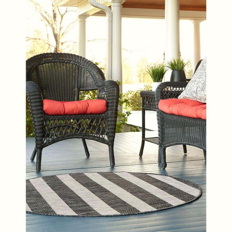 Round Gray and Black Striped Outdoor Rug