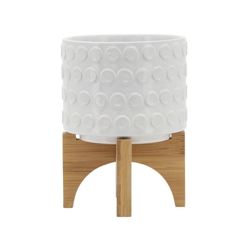 Sagebrook 5" White Ceramic Planter with Wooden Stand for Indoor/Outdoor Use