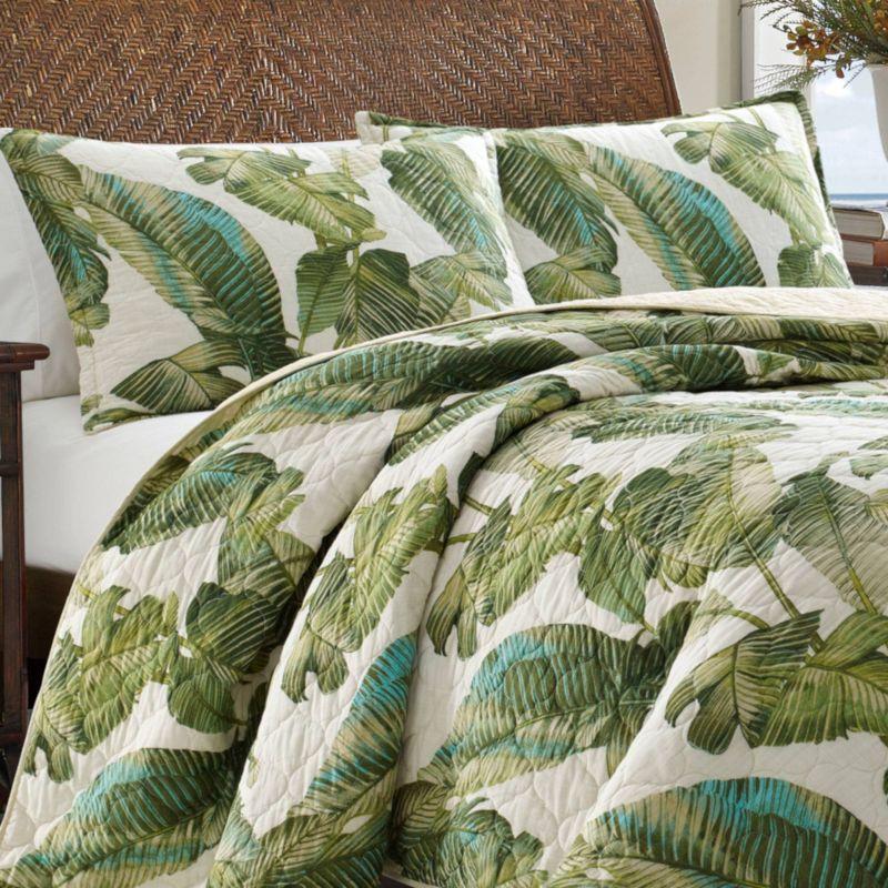 Twin White Cotton Reversible Quilt Set with Green Palm Design